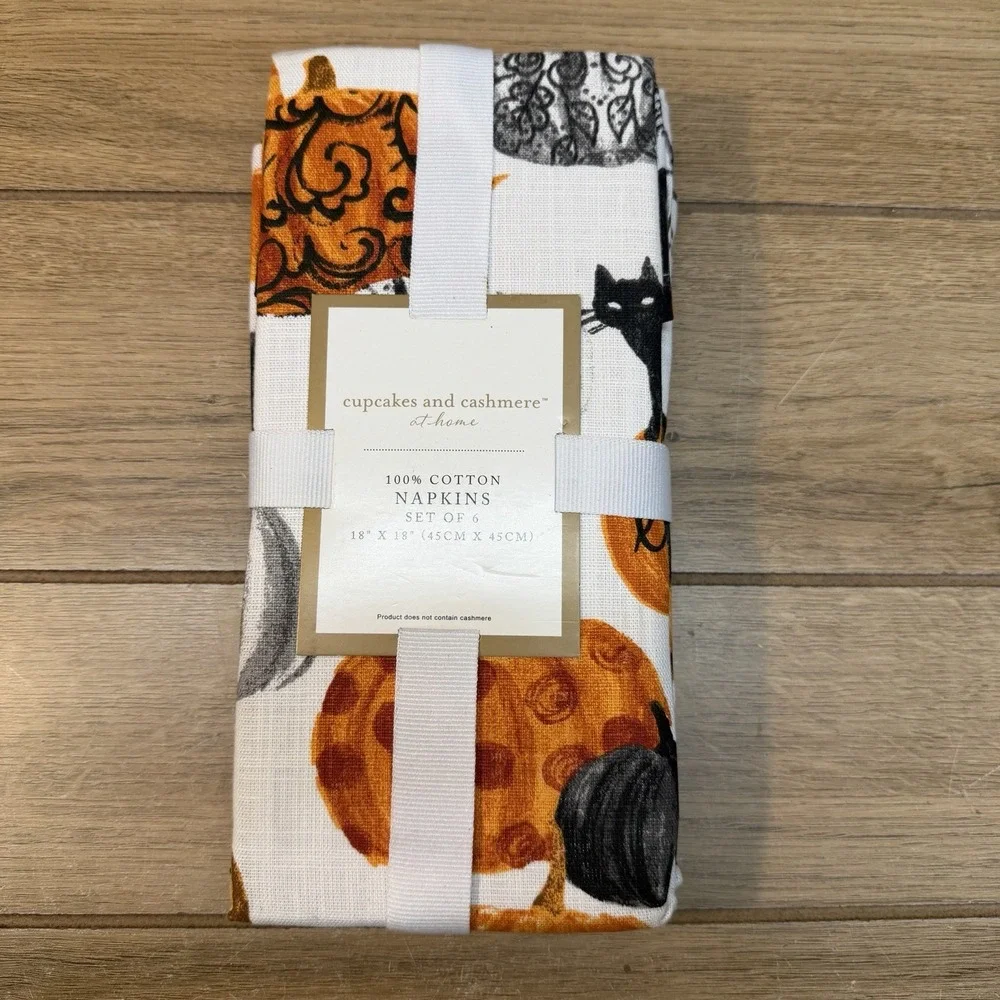 Cupcakes & Cashmere Halloween Napkin Set Of 6 Pumpkins Black Cat 100% Cotton New